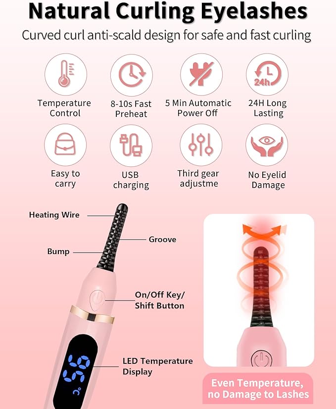 Electric Heated Eyelash Curlers - Fast Heat up Within 10s - 24 Hours Long Lasting - Rechargeable Electric Eyelash Curler